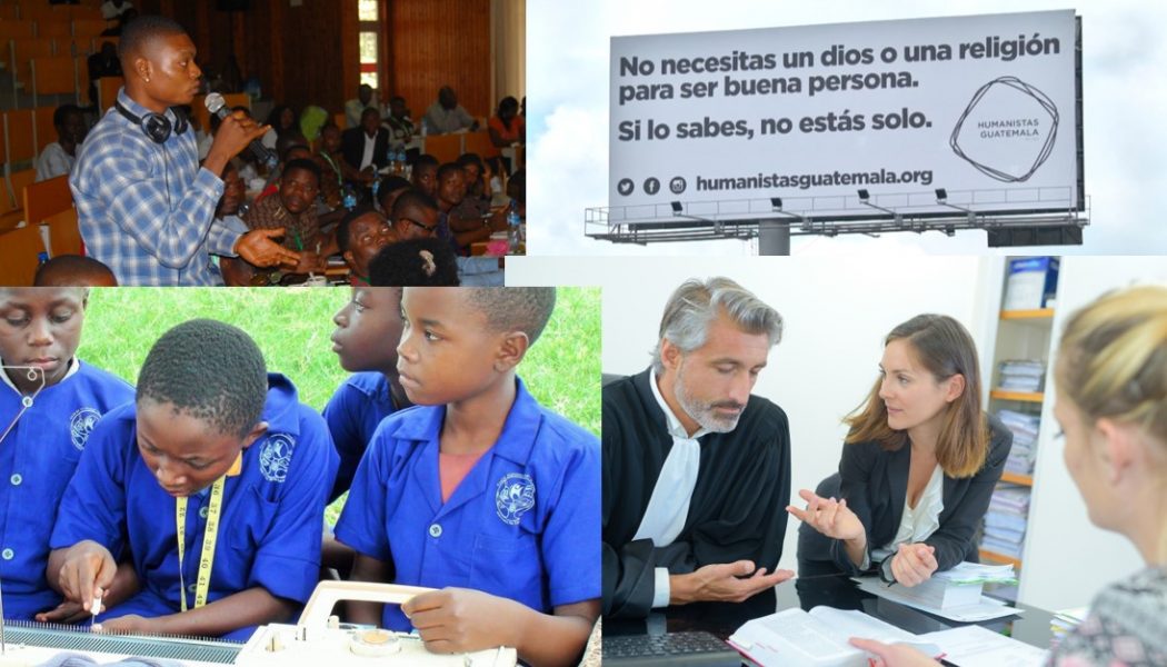Collage showing an atheist convention in Nigeria, an atheist billboard in Guatemala, our Humanist school in Uganda and a meeting with lawyers.