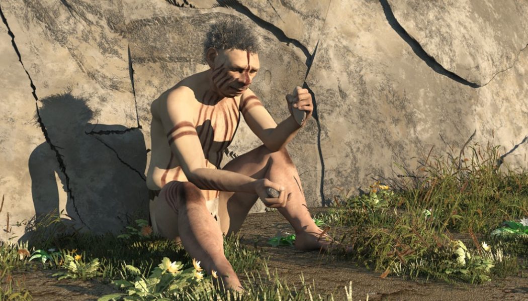 Caveman holding flint tools